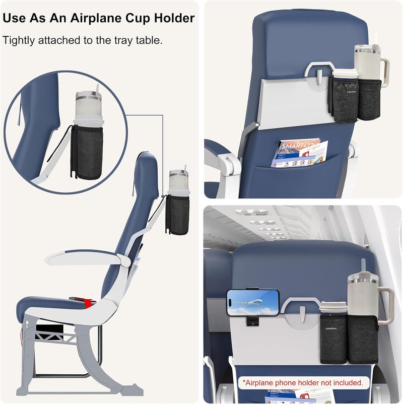 LebenHaus 2 in 1 Luggage Cup Holder for Suitcase|Airplane Tray Table Carry on Hands Free Drink Carrier for Stanley Tumblers Coffee Beverage Organizer Gifts for Travelers (Black) - Image 2